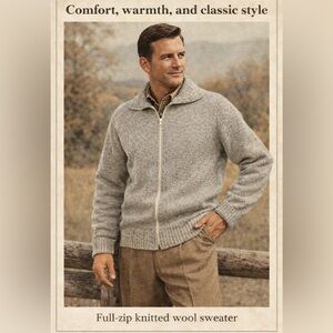 VTG 50s 60s Sears Fieldmaster Men's Beige Full-Zip Wool Sweater, Size L